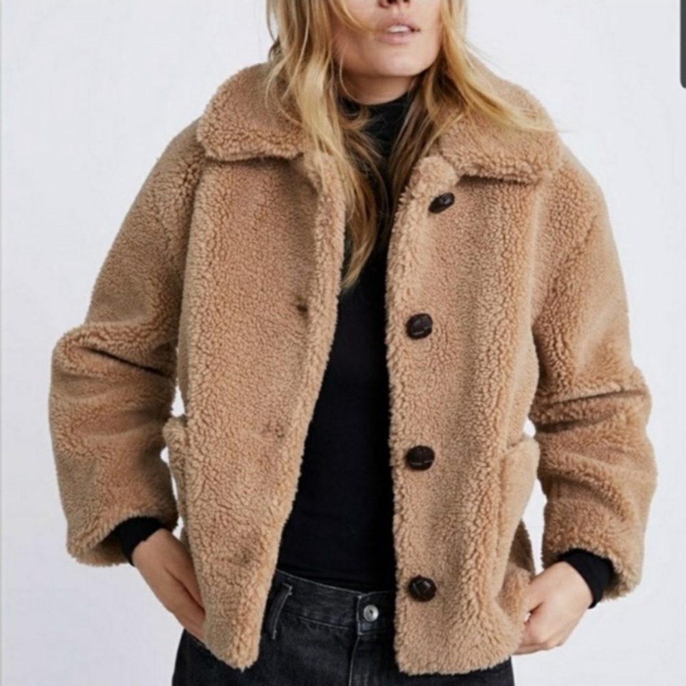 Zara Cropped Tan Sherpa Teddy Coat Jacket Size Medium